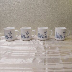 Vintage Arcopal Coffee Tea Cup Mugs Glenwood Blue White Floral Set of 4 France
